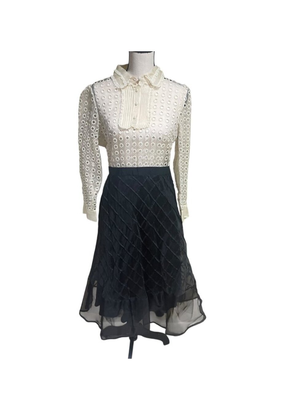red Valentino midi dress with a geometric eyelet trim blouse pleated front